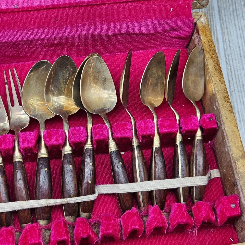 Vtg Tommy's Gems Bangkok Thailand Bronze Wood Flatware Dessert Set 19pc Case